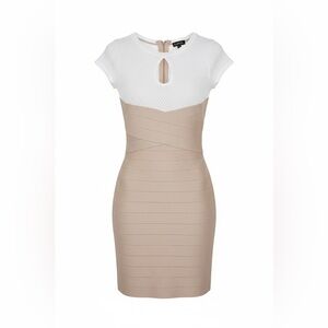 Bebe Bandage Bodycon Dress Rose Dust Cream Colorblock Keyhole XS